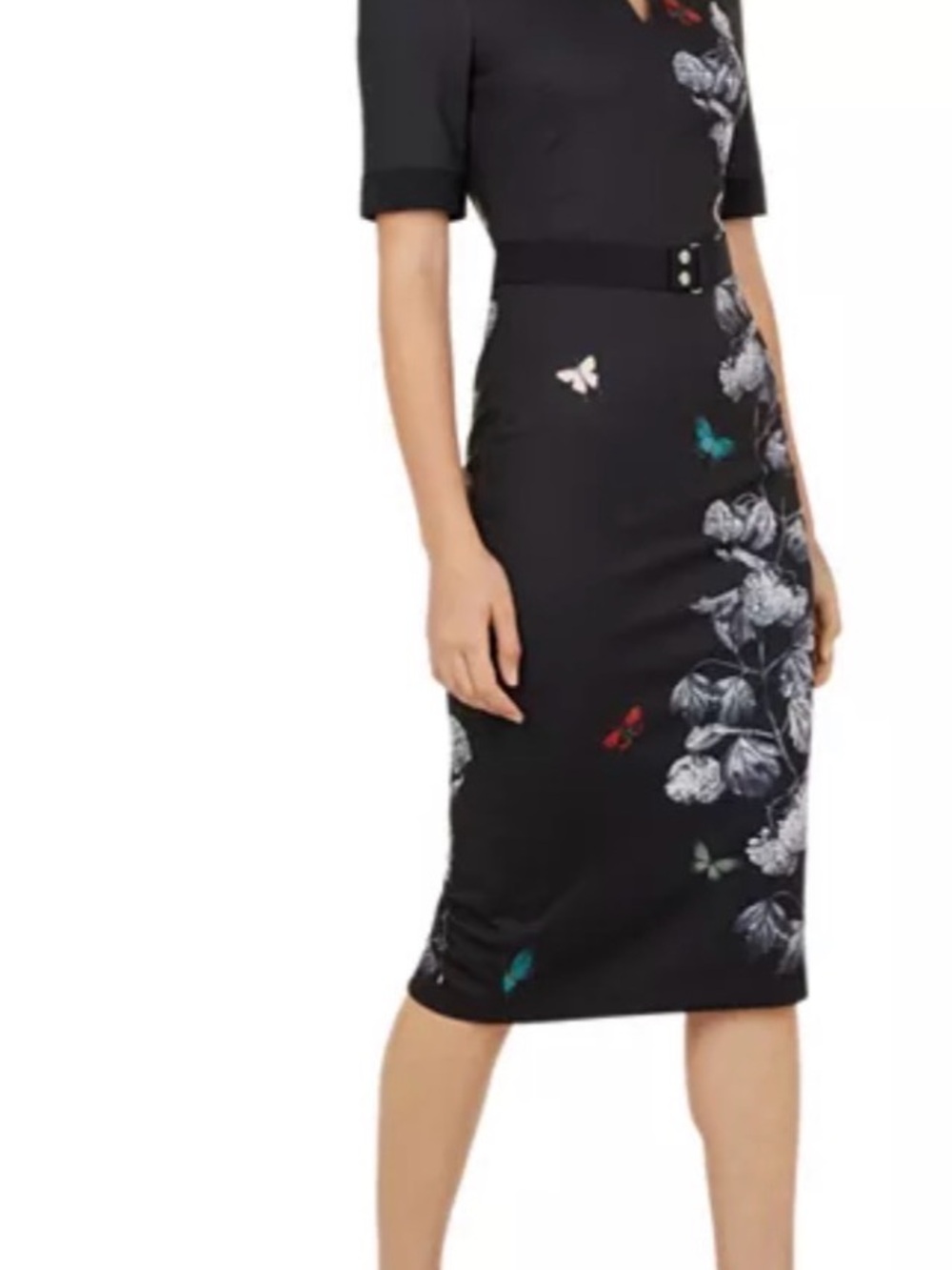 Ted Baker London Black Midi Dress with Floral & Butterfly Print sz L
